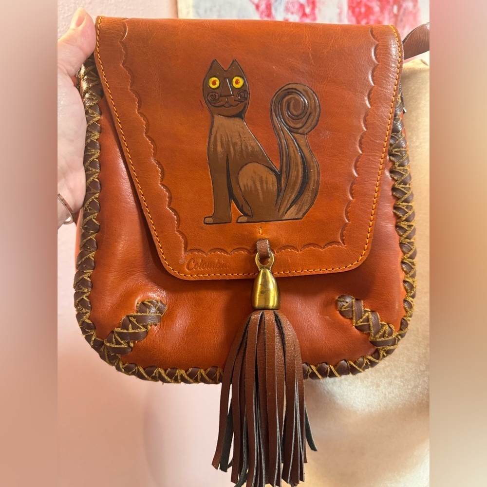 Handmade Brown Leather Cat Design Crossbody Bag